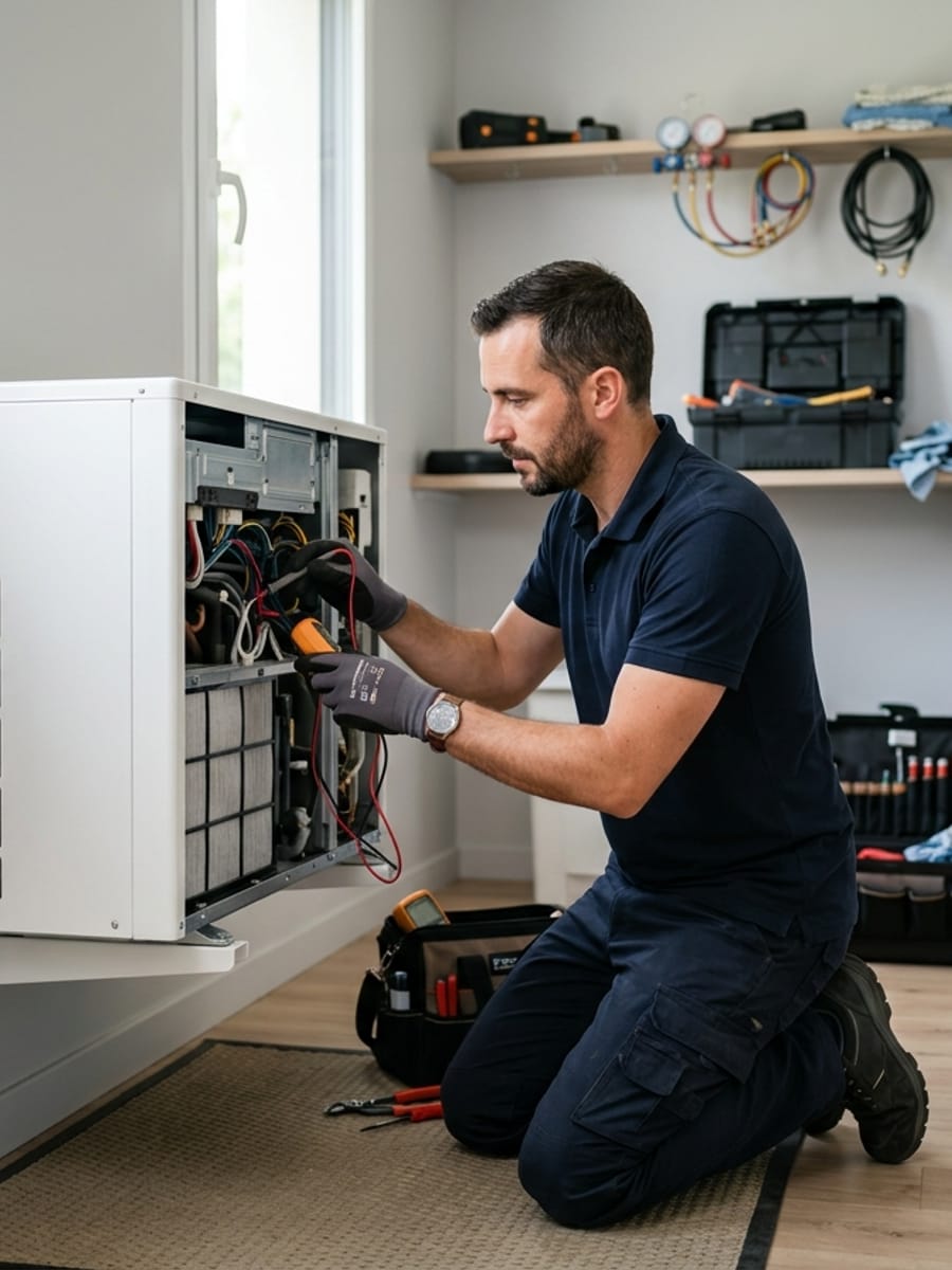 Technicien vérifiant une pompe à chaleur pour l'entretien
