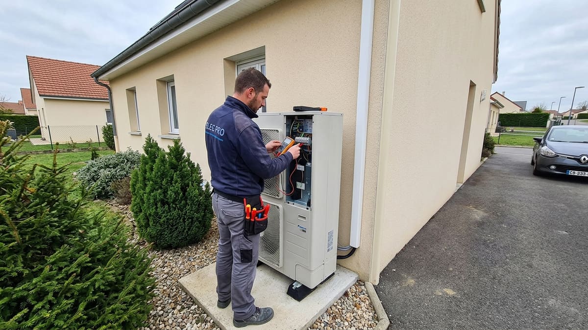 Technicien vérifiant les composants électriques d une pompe à chaleur lors de l entretien annuel