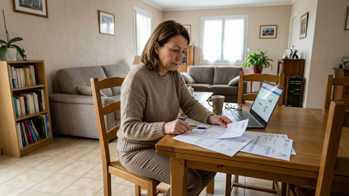 Un propriétaire vérifiant sa facture d'entretien de pompe à chaleur avec des documents fiscaux pour le crédit impôt