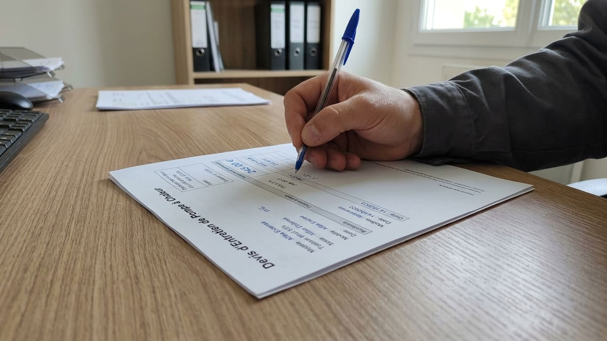 Une main tenant un stylo, remplissant un devis d'entretien de pompe à chaleur avec des chiffres.