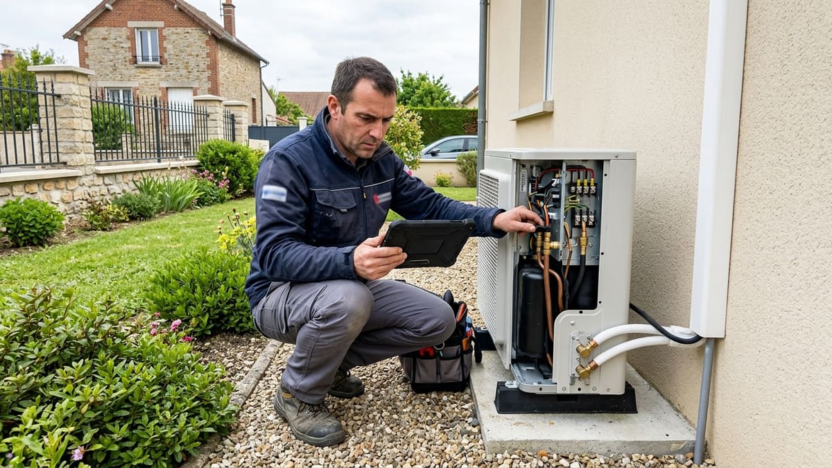 ALT FR — un technicien vérifiant une pompe à chaleur lors de l'entretien obligatoire