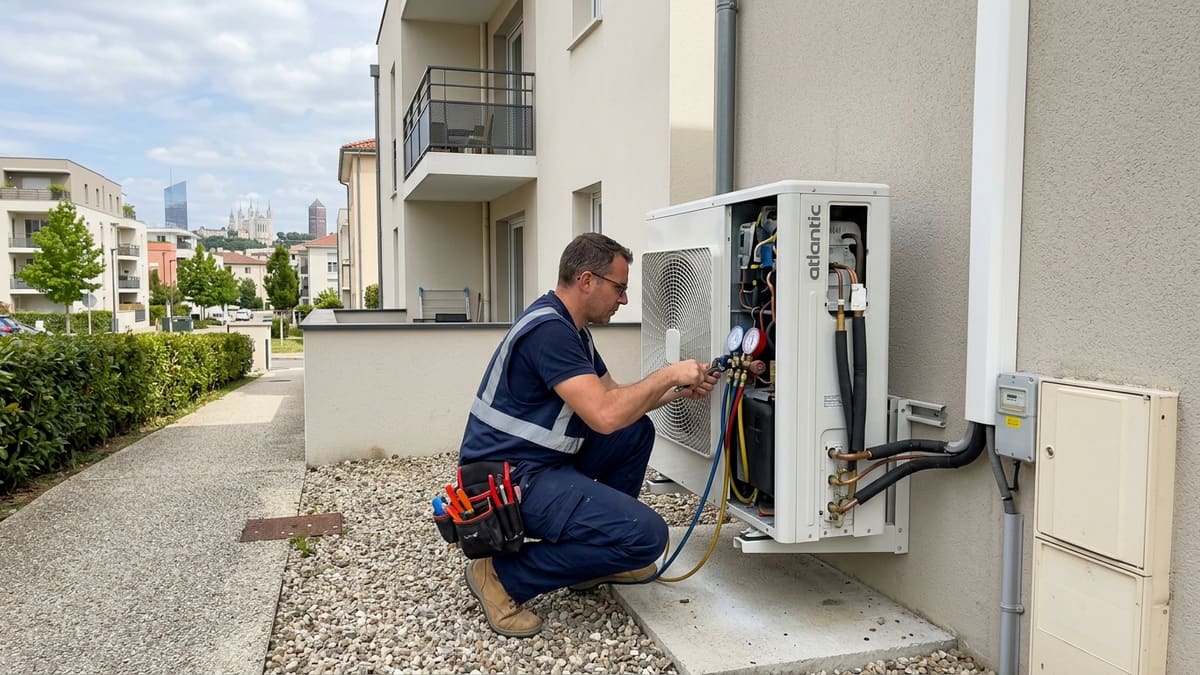 Technicien RGE vérifiant une pompe à chaleur à Lyon