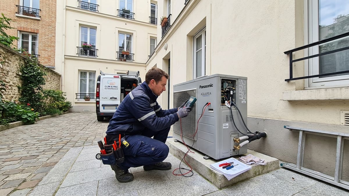Technicien effectuant l entretien d une pompe à chaleur à Paris, vérifiant les fluides frigorigènes