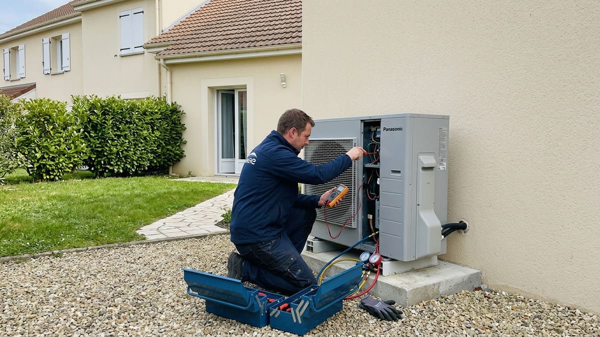 Technicien vérifiant une pompe à chaleur pour son entretien Technicien vérifiant une pompe à chaleur pour son entretien