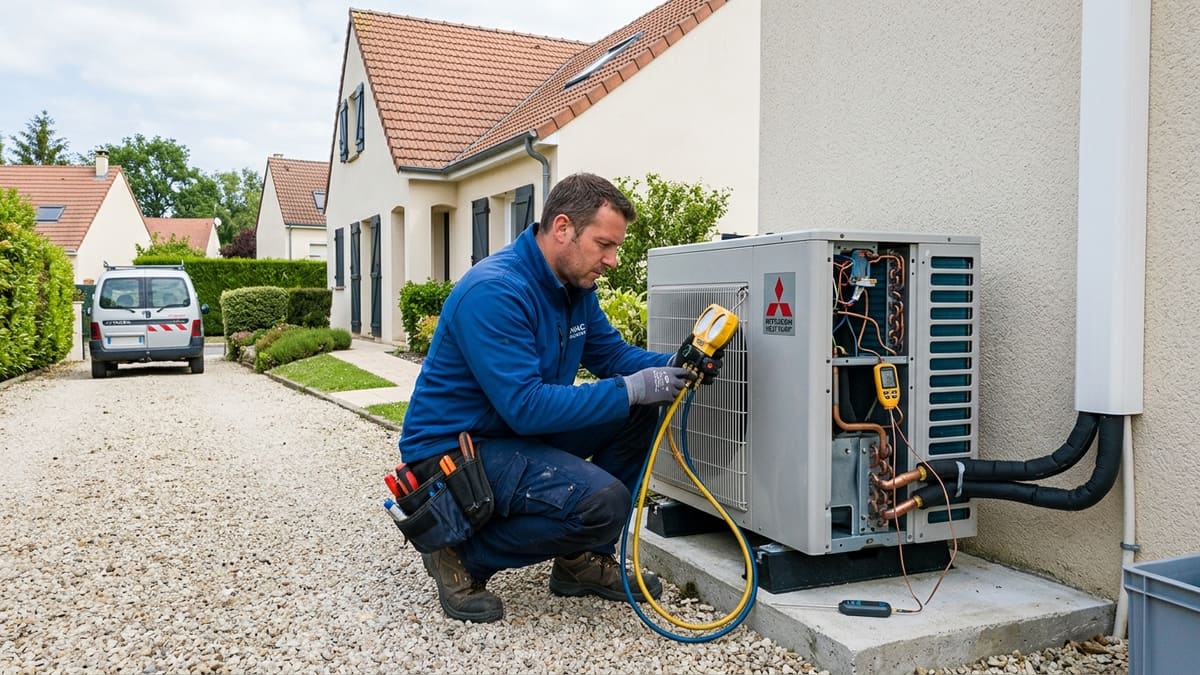 Un technicien qualifié vérifiant un circuit de pompe à chaleur, symbolisant l'entretien professionnel