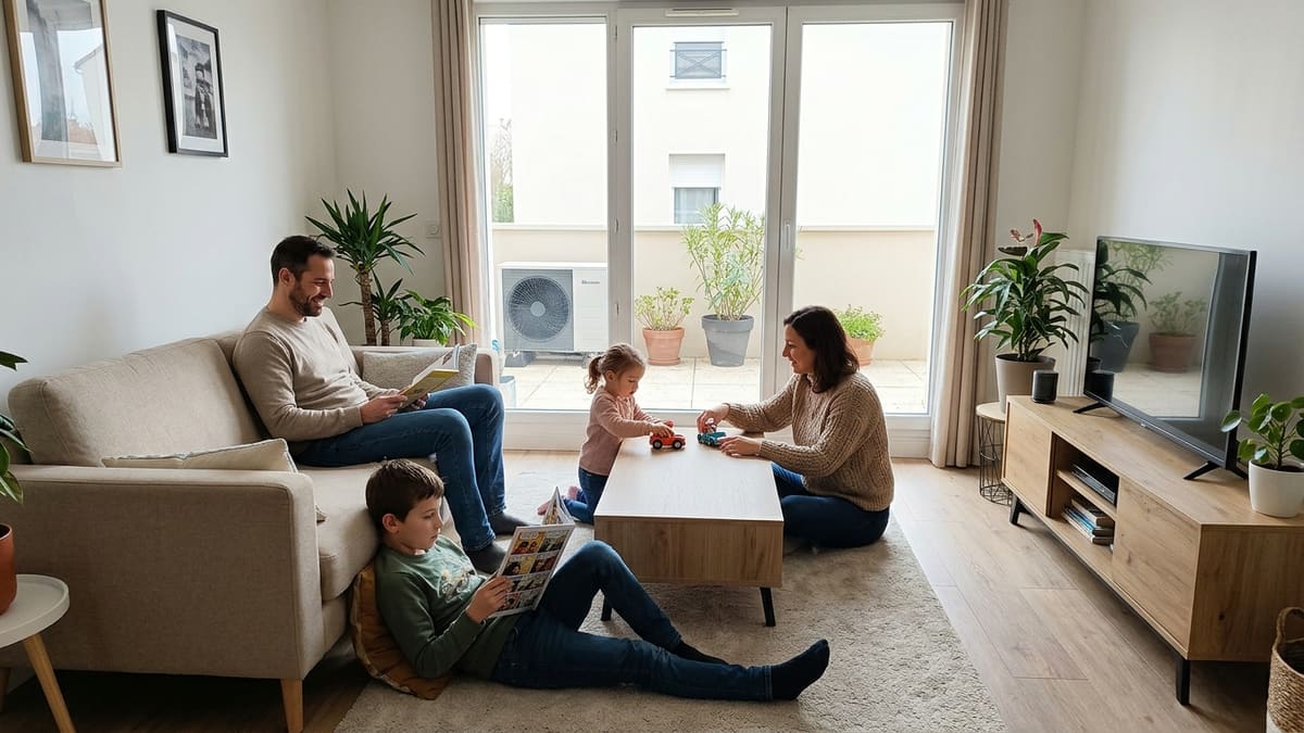 Famille sereine devant une pompe à chaleur entretenue, symbolisant les avantages du contrat Famille sereine devant une pompe à chaleur entretenue, symbolisant les avantages du contrat