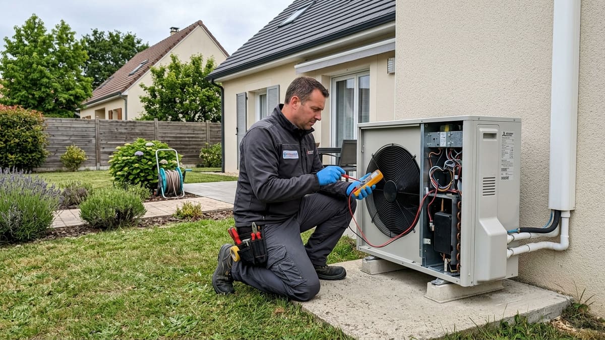 Technicien vérifiant une pompe à chaleur extérieure, pour l anuel de la pompe à chaleur