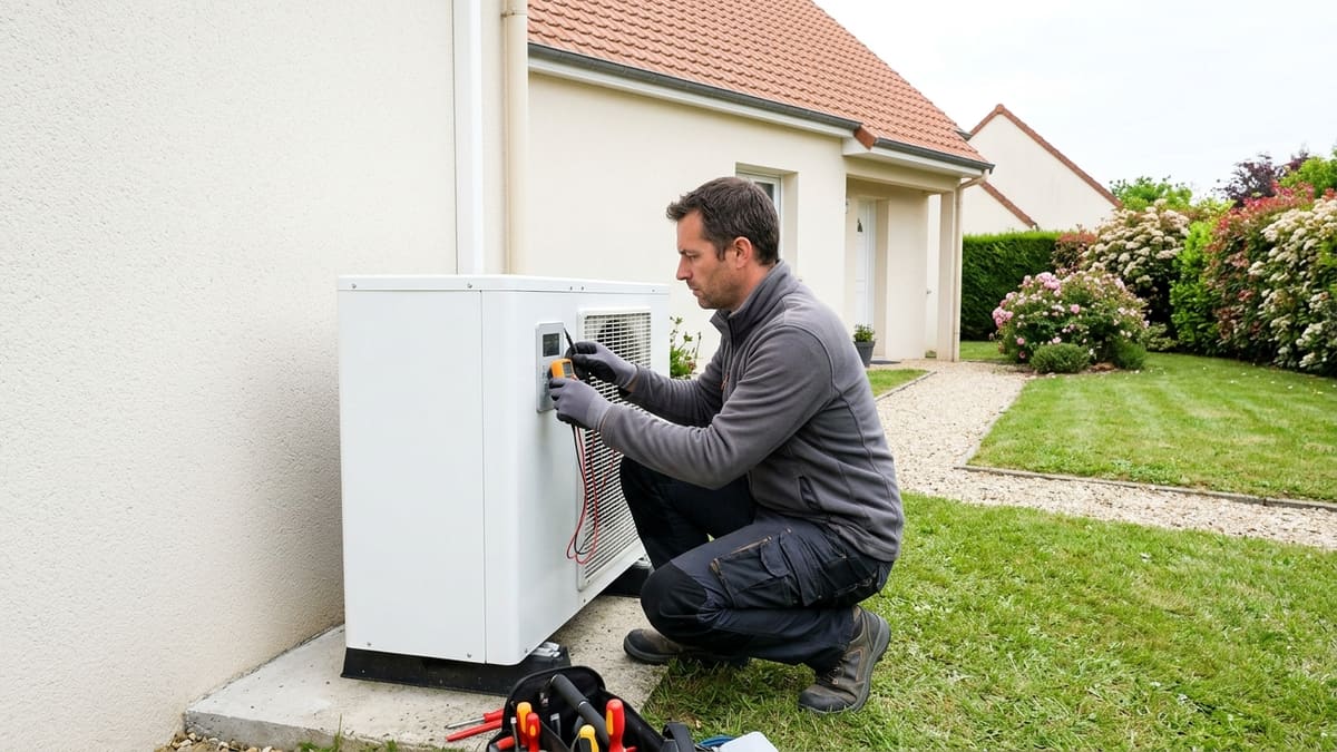 Technicien vérifiant l'unité extérieure d'une pompe à chaleur en France
