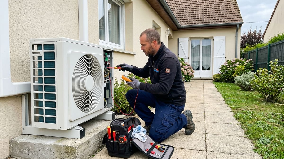 Un technicien qualifié vérifiant les éléments d'une pompe à chaleur air-eau en France, extérieur maison