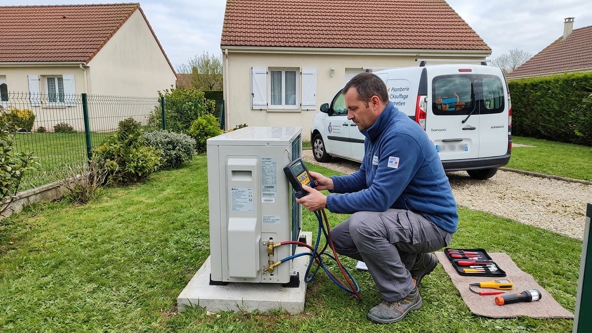 ALT FR — Technicien certifié RGE vérifiant une pompe à chaleur résidentielle